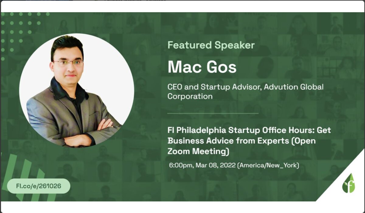 Founder Institute banner featuring Mac Gos as Featured Speaker for Philadelphia Startup Office Hours